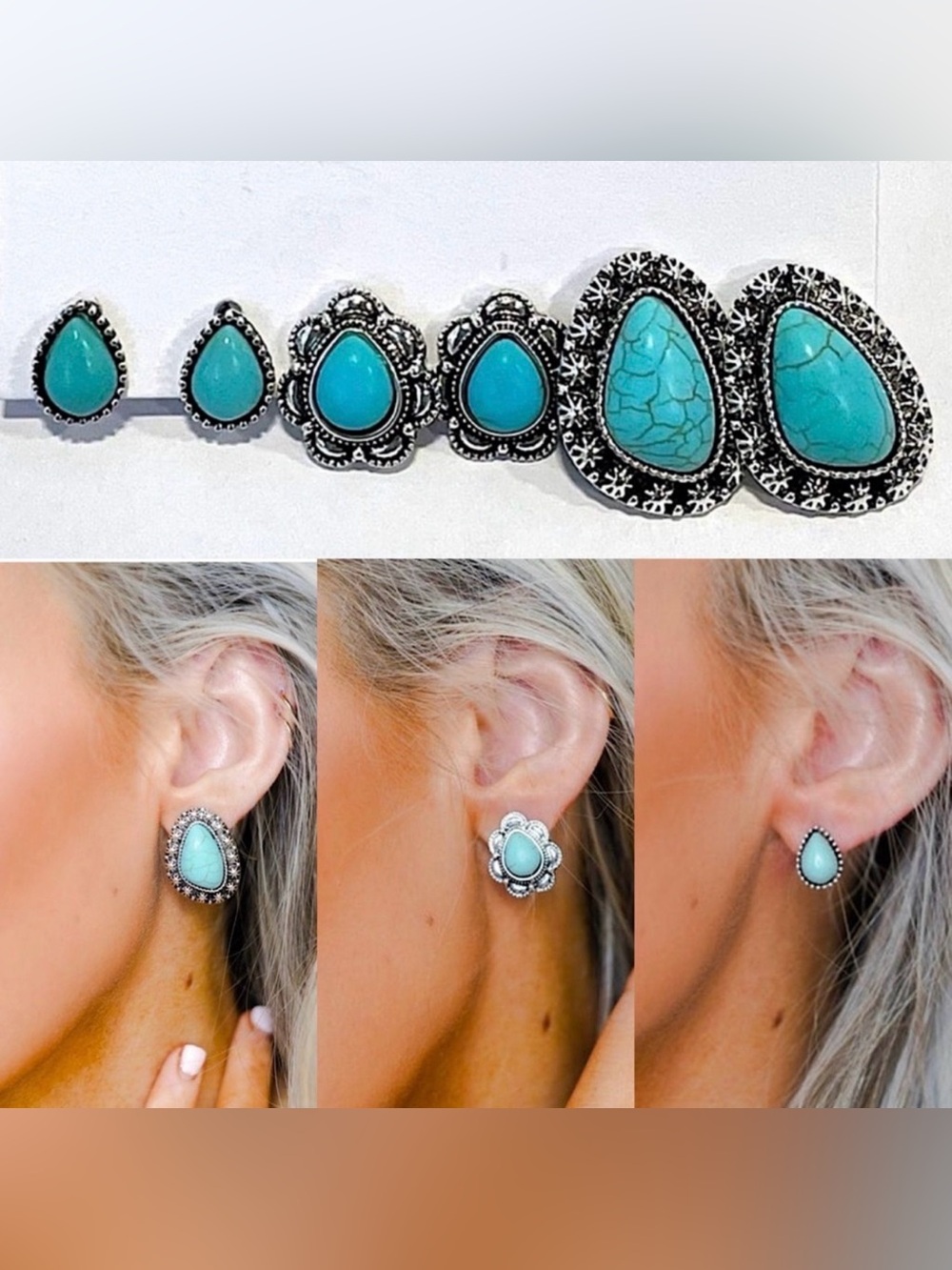 🆕💙CITY: TURQ Stone x3 Pairs Large Natural Stud Earring Set